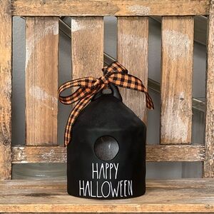 Mini Black Happy Halloween Birdhouse with Orange Ribbon